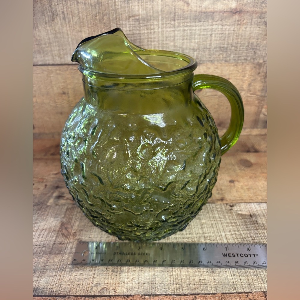 Vintage Anchor Hocking 60’s Lido Milano Crinkle Glass Ball Pitcher Avocado Green - Picture 9 of 9